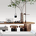 Modern Tea Table and Chairs Set with Wooden Top Metal Legs and Green Plant
