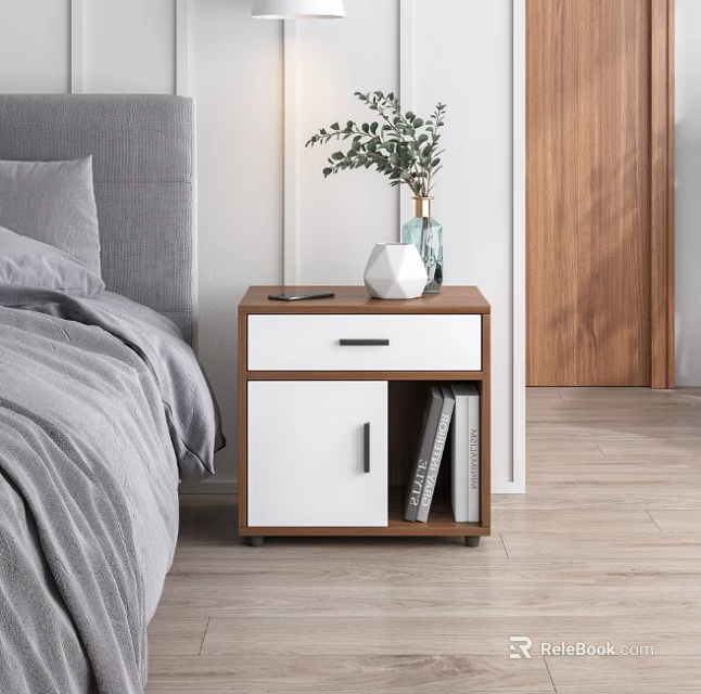 Modern White Wooden Bedside Table With Drawer Cabinet Mobile Phone Vase Plant And Books 3d model 