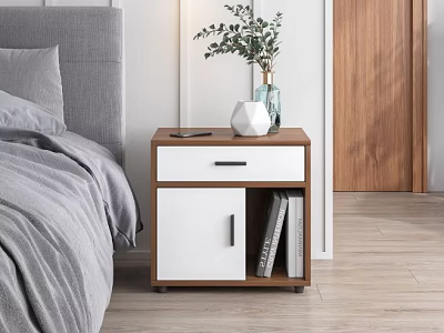Modern White Wooden Bedside Table With Drawer Cabinet Mobile Phone Vase Plant And Books 3d model