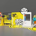 Yellow Car Photo Check-in Spot Featuring Smile Signage Cartoon Smiling Faces And Balloon Figure Models