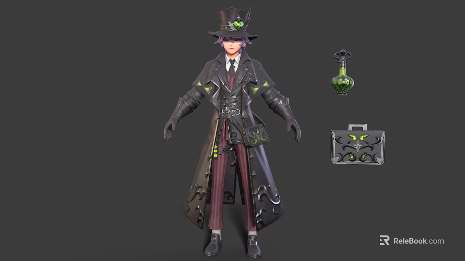 Steampunk Gentleman Character With Top Hat And Small Green Creature Companion 3d model 
