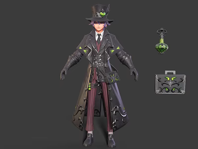 Steampunk Gentleman Character With Top Hat And Small Green Creature Companion 3d model
