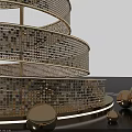 Artistic Installation Spiral Structure with Star Top Illuminated Rings and Golden Spheres