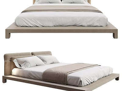 Modern Minimalist Double Bed With Light Wood Frame White Sheets And Pillows 3d model