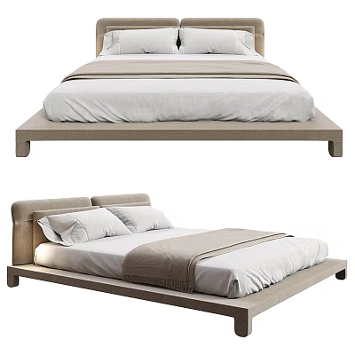 Modern Minimalist Double Bed With Light Wood Frame White Sheets And Pillows 3d model