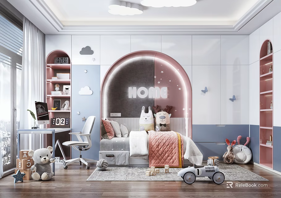 Cozy Kids Room Interior With Arch Design HOME Lettering Cloud Decor Bookshelves And Toys 3d model 