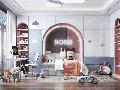 Cozy Kids Room Interior With Arch Design HOME Lettering Cloud Decor Bookshelves And Toys 3d model
