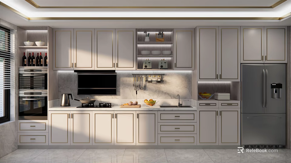 Modern White Kitchen Cabinets With Upper Lower Storage And Stainless Steel Appliances 3d model 