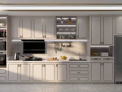 Modern White Kitchen Cabinets With Upper Lower Storage And Stainless Steel Appliances 3d model