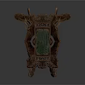 Traditional Chinese Wooden Decorative Stand With Intricate Carvings And Green Panel