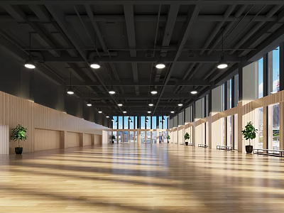 Spacious Fitness Gym Interior With Wooden Floors Large Windows And Plants 3d model