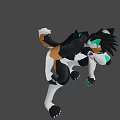 3D Animal Character With Black White Brown Fur Green Ears Yellow Eyes Open Mouth Squatting