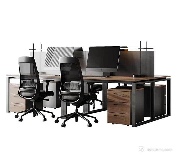 Modern Office Desk Setup With Computer Monitors Ergonomic Chairs And Drawer Cabinets 3d model