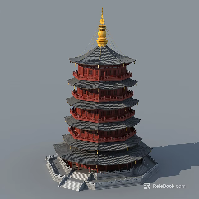 Traditional Chinese Pagoda Featuring Multiple Tiers Red Body Black Roofs And Golden Spire 3d model 