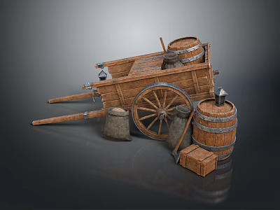 Antique Wooden Cart with Barrels Stone Mill and Wooden Boxes 3d model