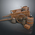 Antique Wooden Cart with Barrels Stone Mill and Wooden Boxes