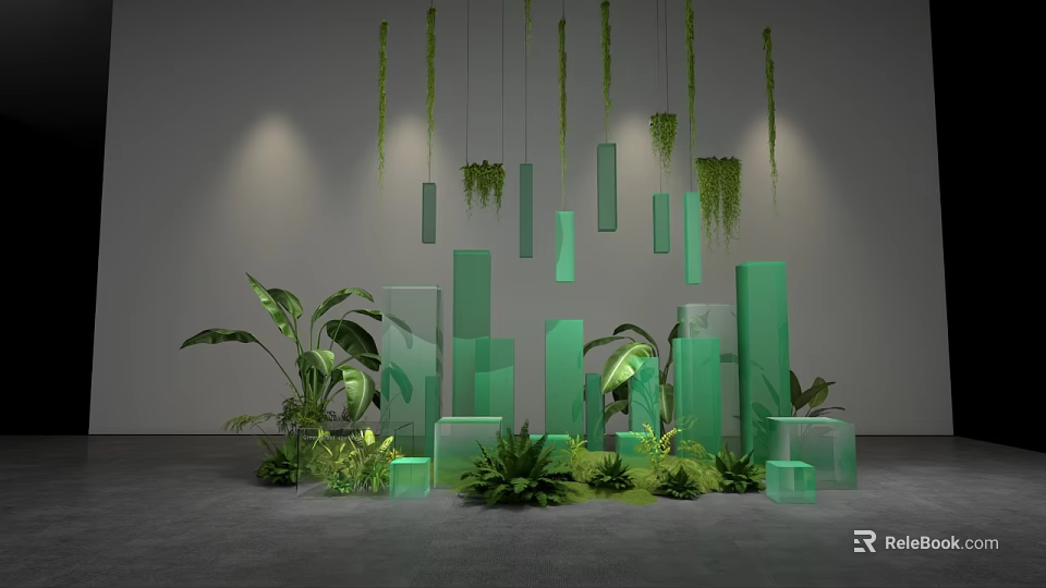 Art Installation With Hanging Green Plants Green Geometric Structures Ground Plants And Gray Wall Lighting 3d model 