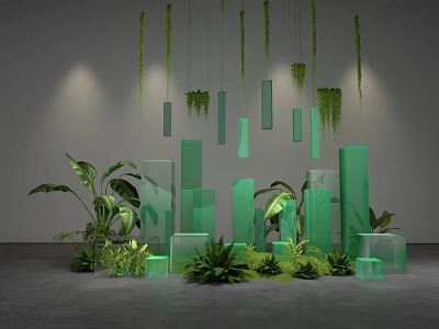 Art Installation With Hanging Green Plants Green Geometric Structures Ground Plants And Gray Wall Lighting 3d model