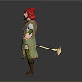 Medieval Male Character With Red Hat Beard Green Checkered Robe And Drum