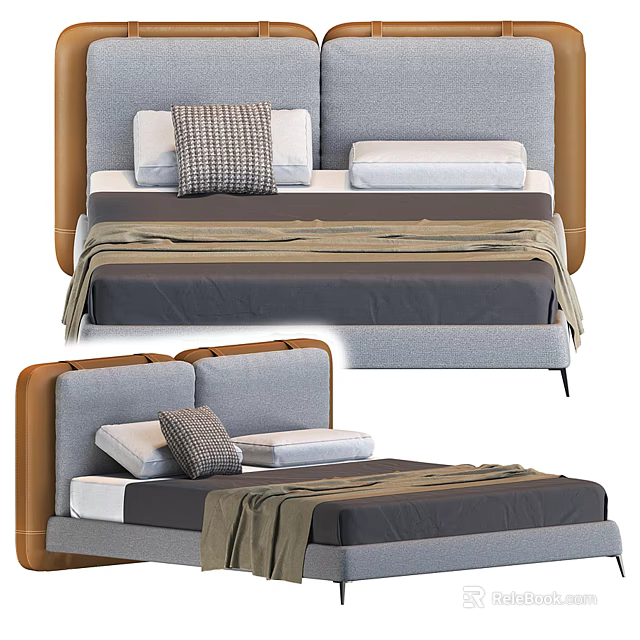 Modern Double Bed Interior With Gray Brown Headboard Pillows And Blanket 3d model