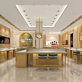 Modern Luxury Jewelry Store Interior With Golden Counters Chandelier Ceiling And Display Showcases