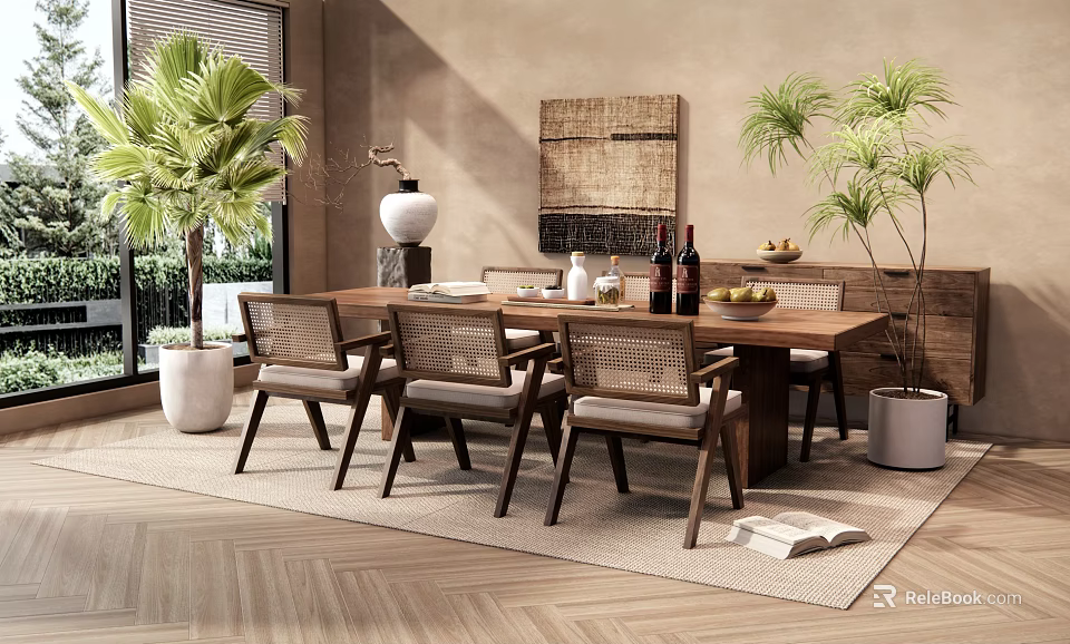 Rustic Wooden Dining Table Set With Woven Chairs Decorative Vase Fruit Bowl And Potted Plants 3d model 