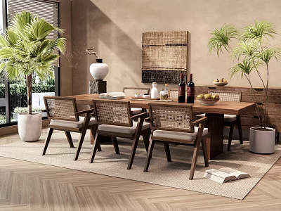 Rustic Wooden Dining Table Set With Woven Chairs Decorative Vase Fruit Bowl And Potted Plants 3d model