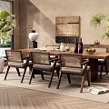 Rustic Wooden Dining Table Set With Woven Chairs Decorative Vase Fruit Bowl And Potted Plants