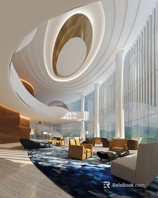 Modern Front Desk Reception in Elegant Lobby with Curved Ceiling Glass Windows and Wooden Panels 3d model 