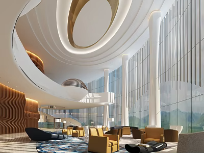 Modern Front Desk Reception in Elegant Lobby with Curved Ceiling Glass Windows and Wooden Panels 3d model
