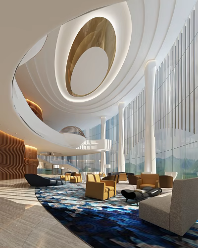 Modern Front Desk Reception in Elegant Lobby with Curved Ceiling Glass Windows and Wooden Panels 3d model