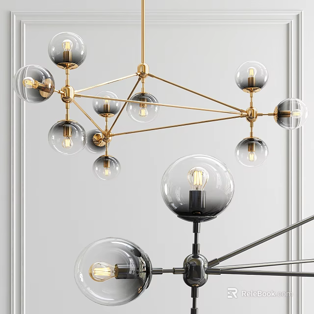 Modern Chandelier With Glass Globes And Golden Metal Frame Design Structure 3d model 