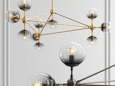 Modern Chandelier With Glass Globes And Golden Metal Frame Design Structure 3d model