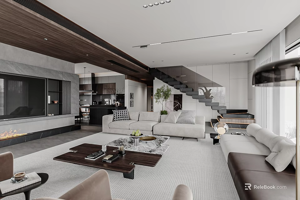 Modern Luxury Open Plan Living And Dining Room With Elegant Spacious Cozy Home Interior Design 3d model 