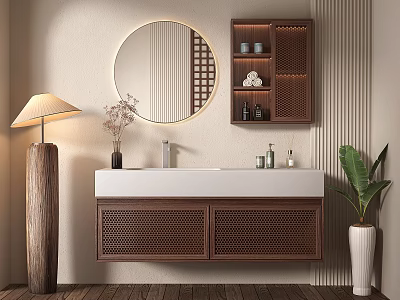 Minimalist Bathroom Vanity With Round Mirror Wooden Woven Cabinet Green Plant And Floor Lamp 3d model