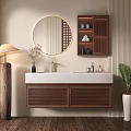 Minimalist Bathroom Vanity With Round Mirror Wooden Woven Cabinet Green Plant And Floor Lamp