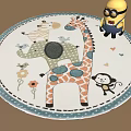Round Children's Room Rug Featuring Cartoon Animal Prints Giraffe Elephant Monkey and Flower Accents