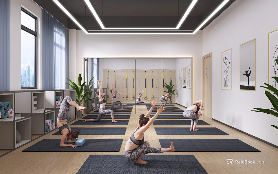 Yoga Studio Fitness Workout People Practicing Yoga On Mats With Mirrors And Plants 3d model 