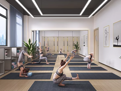 Yoga Studio Fitness Workout People Practicing Yoga On Mats With Mirrors And Plants 3d model