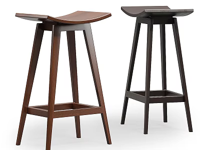 Wooden Bar Stools Featuring Curved Seat And Lower Support Rail In Brown Dark Brown Design 3d model