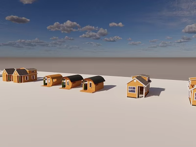 Multiple Yellow Wooden Houses With Various Roof Shapes Under Blue Sky And White Clouds 3d model