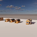 Multiple Yellow Wooden Houses With Various Roof Shapes Under Blue Sky And White Clouds