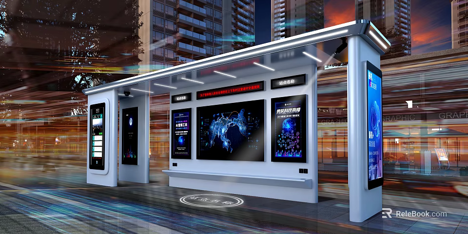 Modern Public Bus Stop With Smart Screens Seats And Tall Buildings Background 3d model 