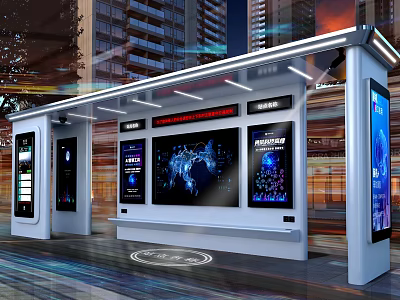 Modern Public Bus Stop With Smart Screens Seats And Tall Buildings Background 3d model