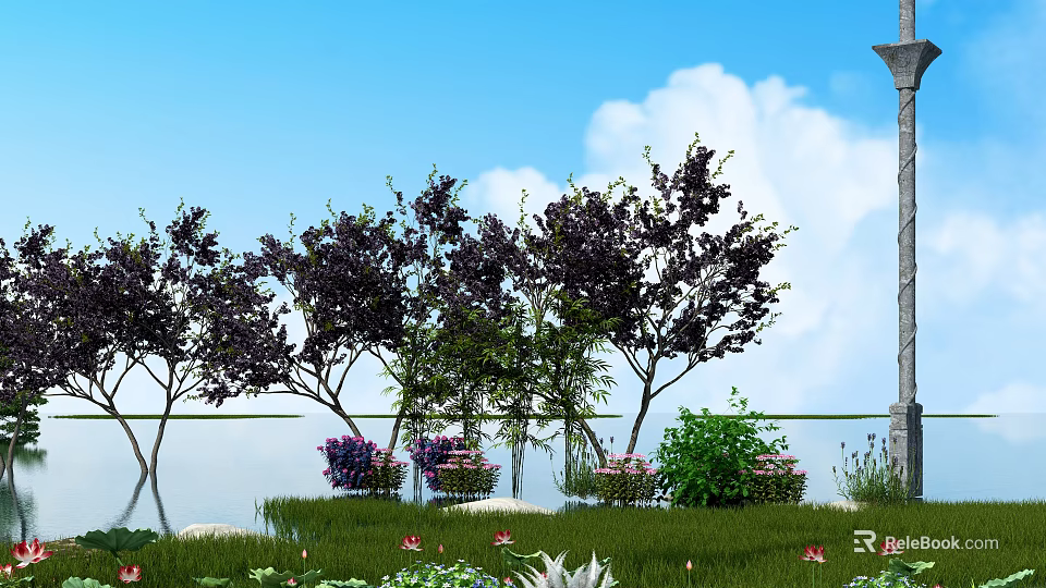Arbor Trees with Blue Sky White Clouds Water Reflection Purple Flowers And Green Grass 3d model 