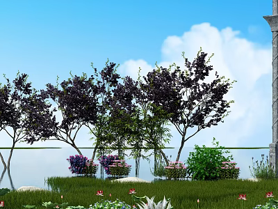 Arbor Trees with Blue Sky White Clouds Water Reflection Purple Flowers And Green Grass 3d model