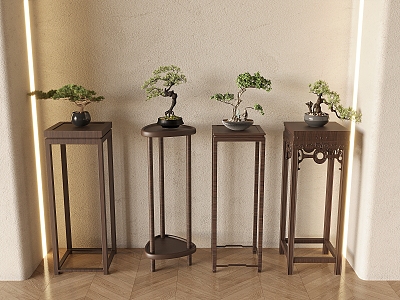 New Chinese Style Flower Rack Flower Table Solid Wood Floor-Standing Flower Potted Rack Carved Flower Storage Pot Rack Bonsai Vase Dried Branch 3d model