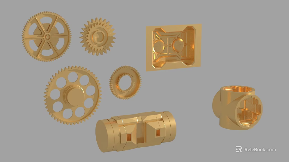 Golden Gears and Mechanical Components With Various Shapes on Gray Background 3d model 