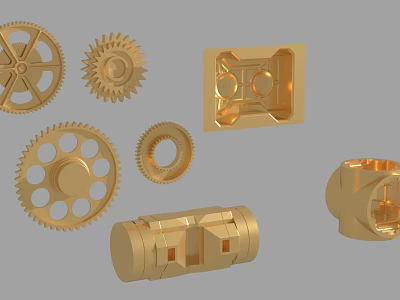 Golden Gears and Mechanical Components With Various Shapes on Gray Background 3d model