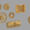 Golden Gears and Mechanical Components With Various Shapes on Gray Background